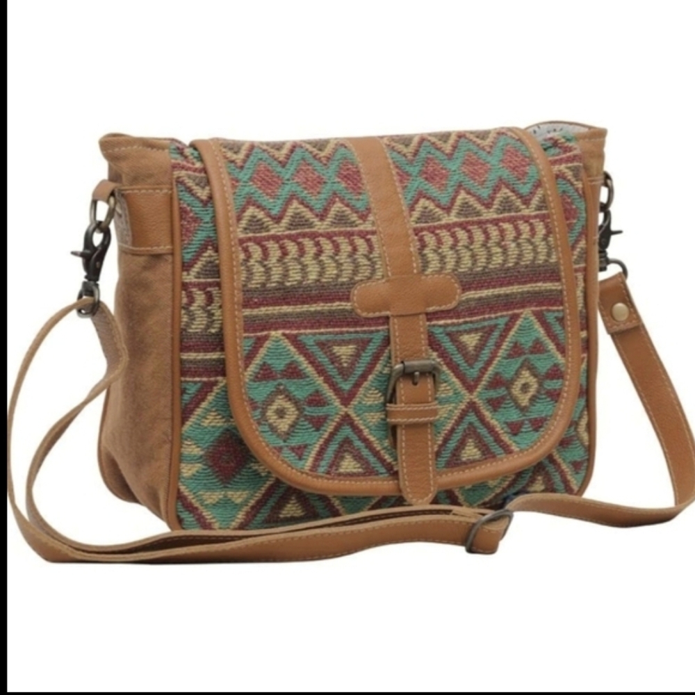 Myra Bag Western Leather Shoulder Canvas Crossbody Electric Ice Turquoise Brown
